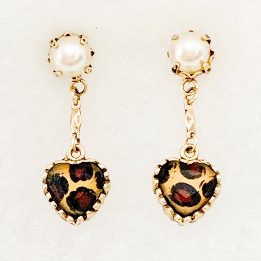 Betsey Johnson Leopard Heart & Pearl Drop Earrings